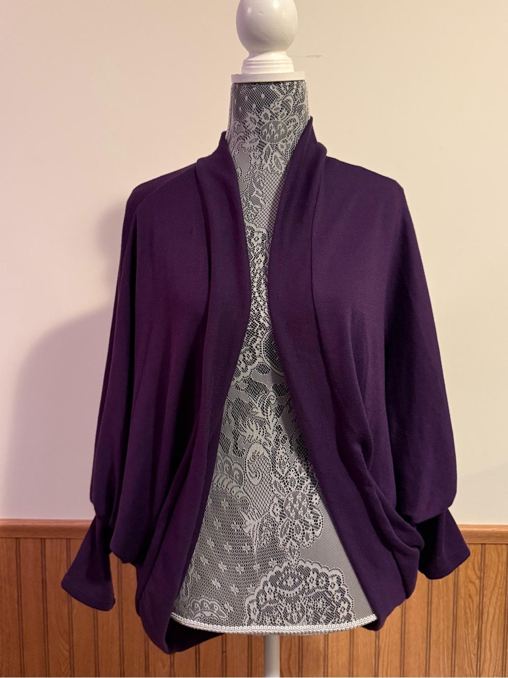 Lyss Loo Open-Front Dolman/Batwing Sleeve Purple Draped Cardigan